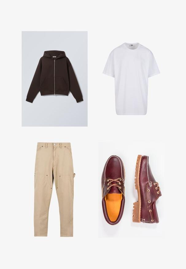 Pruun tõmbluku kapuutsiga sviiter, mis on valmistatud pehmest puuvillasegust kangast, omades avarat kapuutsi, esipokke ning soonikuvarruka- ja põhjakuminat.; Valge puuvillane t-särk lühikeste varrukatega, ümmarguse kaelusega, lõdva lõikega ja ilma nähtavate logodeta või mustriteta. Sile tekstuur ja minimaalne disain.; Beezid cargo püksid, mis on valmistatud puuvillast. Omaduseks on mitu taskut, sirge lõikega ja nupuga kinnitamine metallist detaile.; Burgundia nahkkingad pruunide kummitaldadega, ümmarguse varbaga, valge tikandi ja kuldsete silmadega. Siseosa on kollase voodriga.