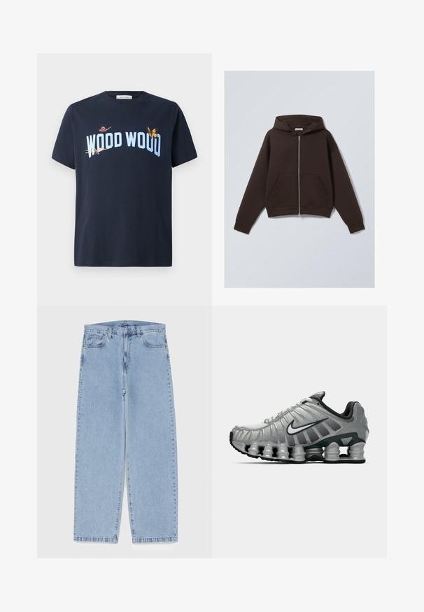 Pruun tõmbluku kapuutsiga sviiter, mis on valmistatud pehmest puuvillasegust kangast, omades avarat kapuutsi, esipokke ning soonikuvarruka- ja põhjakuminat.; Tumesinine puuvillane T-särk, mille esiküljel on helesinine tekst "WOOD WOOD" ning mitmesugustes värvides liblikadisain. Lühikesed varrukad, ümmargune kaelus.; Heled sinise denimi sirgete põlvede lõikega teksad, millel on keskmise kõrgusega vöökoht, viis taskut ning nööbid ja tõmblukk.; Hallikas ja must Nike jooksutoss, mille all on näha kevadelik ammortiseerimine ja külje peal on valge sarnase logo.