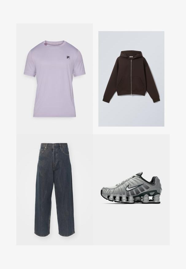 Smeđi dukserica na zatvarač od mekog pamučnog miješanog materijala, s prostranom kapuljačom, prednjim džepovima te rebrastim manžetama i rubom.; Svijetloplavi atletski majica od glatkog materijala. Ima crni logo na prsima i kontrastne pruge na ovratniku. Kratak rukav.; Široke tamnoplave traperice s blagim istrošenim izgledom, pet džepova i klasičnim kopčanjem na gumbe i patentni zatvarač u struku.; Sive i crne Nike trkaće cipele s vidljivim opružnim jastučićem ispod đona i bijelim swoosh logotipom sa strane.