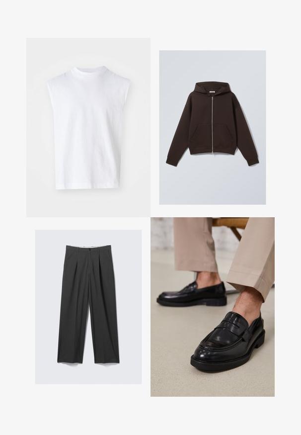 Ruskea vetoketjuhuppari, joka on valmistettu pehmeästä puuvillasekoitekankaasta. Hupparissa on tilava huppu, etutaskut sekä ribattu hiha- ja helmaosa.; Valkoinen hihaton toppi, joka on valmistettu puuvillasta, pyöreällä kaula-aukolla, rento istuvuus ja sileä pinta. Yksinkertainen muotoilu ilman kuvioita tai koristeita.; Harmaat, leveälahkeiset housut, joissa on pleats. Valmistettu sileästä kankaasta, etupainikkeen suljento ja vyölenkit. Tasainen etuosan muotoilu.; Musta nahkakengät, joissa on sileä pinta, koristetasku ja kontrastisomistus, yhdistettynä vaaleanbeigeihin housuihin.