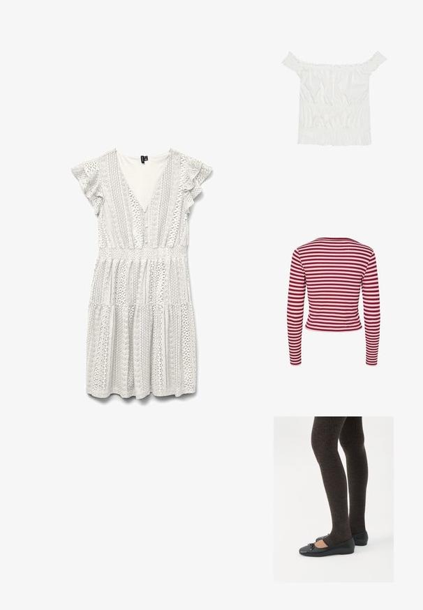 Pieces PCLAYA - Neuletakki - goji berry; Valkoinen mekko, jossa on lyhyet röyhelö-sateet, syvä V-pääntie ja monimutkainen pitsikoristelu. Mekossa on istuva vyötärö ja kerroksellinen, virtaava hame.; Valkoinen olkapään yli ulottuva paita, jossa on röyhelökoristeita, rypytetty pinta ja joustava vyötärö. Valmistettu pehmeästä puuvillakankaasta.; Mustat matalat kengät, joissa on pieni nauha varpaissa, yhdistettynä tummanruskeisiin ribattuisiin sukkahousuihin. Kengissä on sileä pinta ja matala profiili.