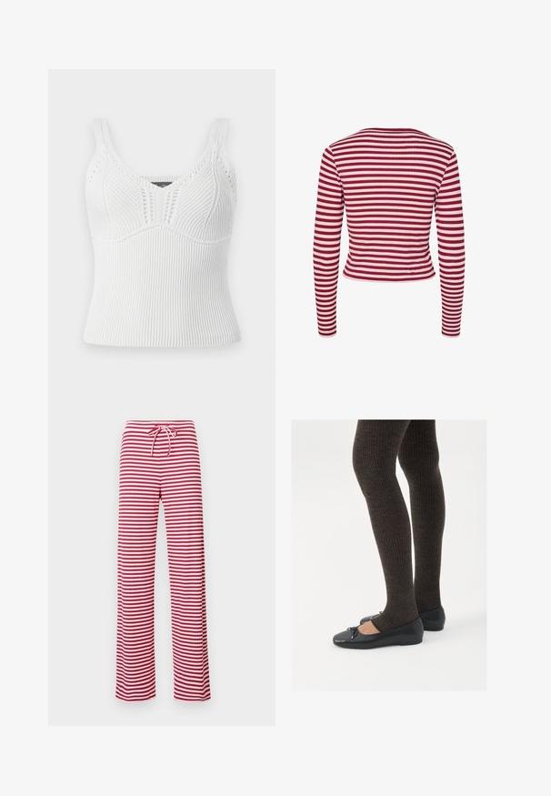 Pieces PCLAYA jagodowy; Biały prążkowany top na ramiączkach z grubymi paskami, charakteryzujący się teksturowanym wzorem i dopasowanym krojem, zaprojektowany w celu zapewnienia ścisłego dopasowania.; Luźne spodnie w czerwono-białe paski, z elastycznym paskiem w talii i prążkowaną teksturą. Prosty krój nogawki sięga długości kostki.; Czarne płaskie buty z małym kokardkowym detalem na palcach, zestawione z ciemnobrązowymi rajstopami w prążki. Buty mają gładką teksturę i niski profil.