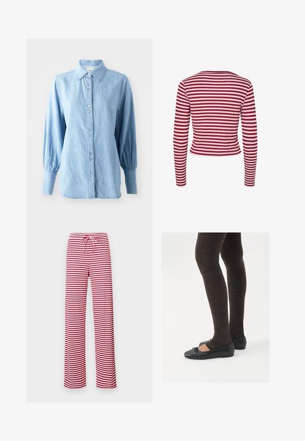 Pieces PCLAYA - Kardigan - goji berry; Svetle modrá džínová košile s límečkem, zapínáním na knoflíky vpředu a dlouhými nafouknutými rukávy. Obsahuje jemnou strukturu a odpovídající knoflíky.; Bílý top s odhalenými rameny, s volánkovými detaily, nařasenou texturou a elastickým pasem. Vyrobeno z měkké bavlněné tkaniny.; Červenobílé pruhované volné kalhoty s šňůrkou v pase a žebrovanou texturou. Design rovného střihu sahá po kotníky.; Černé ploché boty s malou mašlí na špičce, kombinované s tmavě hnědými žebrovanými punčochami. Boty mají hladký povrch a nízký profil.