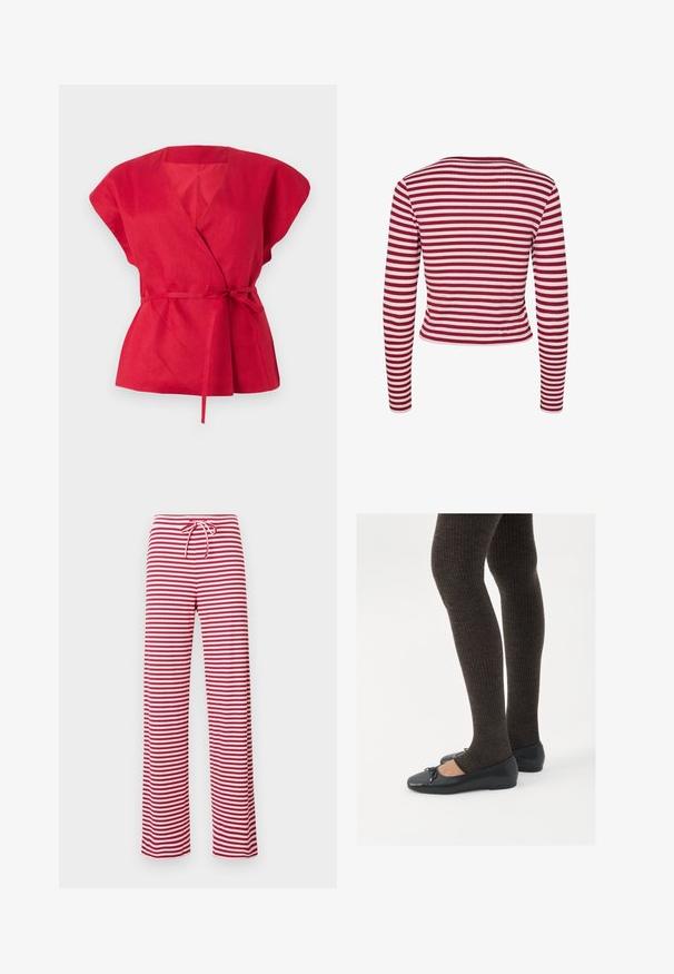 Pieces PCLAYA - Vesta na kopčanje - goji berry; Crveni laneni wrap top s kratkim, širokim rukavima, dubokim V-izrezom i vezanom strukom. Teksturirani materijal s glatkom površinom.; Pantalone s crveno-bijelim prugama, slobodnog kroja s elastičnom čijom i rebrastom teksturom. Izravni kroj nogavica proteže se do dužine gležnjeva.; Crne ravne cipele s malim mašnom na vrhu prstiju, uparene s tamnosmešnim rebrovanim čarapama. Cipele imaju glatku teksturu i nizak profil.