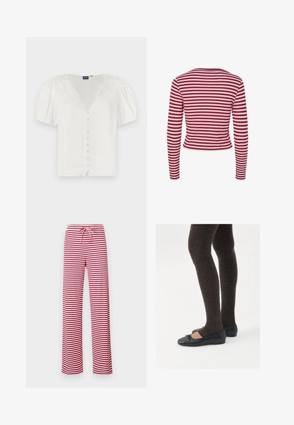 Pieces PCLAYA - Cardigan - goji berry; White puff-sleeve blouse with a deep V-neck and lace trim. Features a row of small buttons down the front. Made from a lightweight fabric.; Red and white striped, loose-fit pants with a drawstring waist and ribbed texture. Straight leg design extends to ankle length.; Black flat shoes with a small bow detail at the toe, paired with dark brown ribbed tights. Shoes have a smooth texture and low profile.