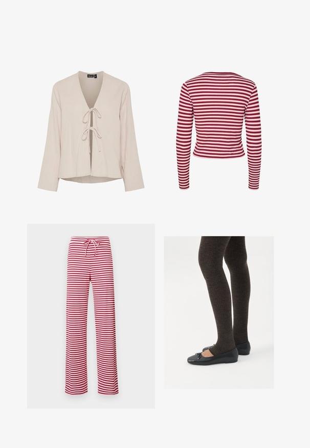 Pieces PCLAYA - Strickjacke - goji berry; Helles beiges Bluse mit tiefem V-Ausschnitt, langen Ärmeln und vorderem Bindeschluss. Hergestellt aus strukturiertem, weichem Stoff mit lässiger Passform.; Rote und weiße gestreifte, locker sitzende Hose mit Kordelzug und geriffelter Textur. Das gerade Beinendes Design reicht bis zur Knöchellänge.; Schwarze flache Schuhe mit einem kleinen Schleifendetail an der Zehe, kombiniert mit dunkelbraunen gerippten Strumpfhosen. Die Schuhe haben eine glatte Textur und ein niedriges Profil.
