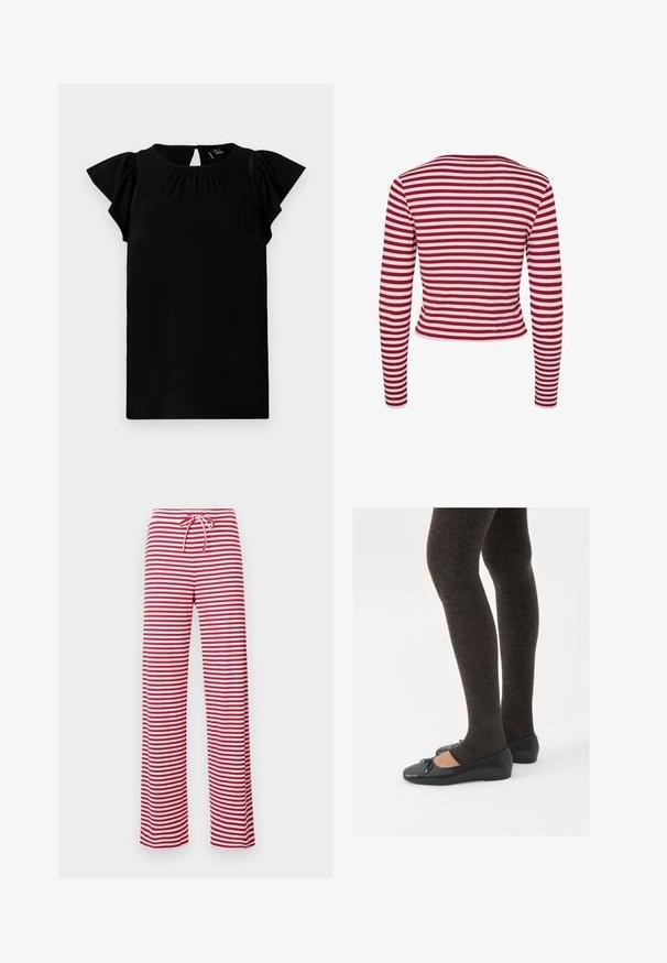 Pieces PCLAYA - Jopica - goji berry; Črna kratkotrajna majica iz mehkega materiali, ki ima okroglo ovratnico, naborke in rahle rokave z izrezi na hrbtni strani.; Rdeče in bele prašičaste hlače z ohlapnim krojem, z vrvico v pasu in rebrasto teksturo. Naravnost krojene hlače segajo do gležnjev.; Črne ravne čevlje z majhnim lokom na prstih, v kombinaciji s temno rjavimi rebrastimi nogavicami. Čevlji imajo gladko teksturo in nizko obliko.