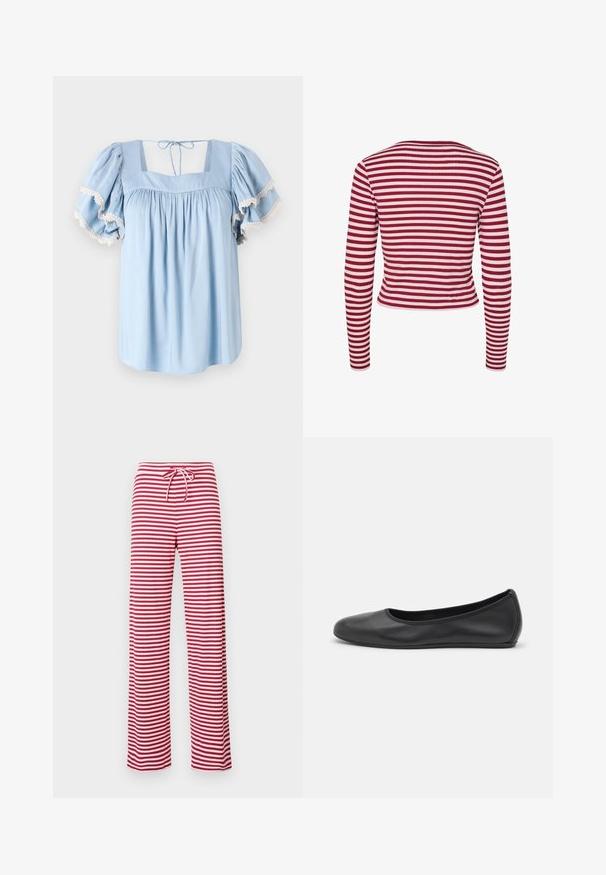 Pieces PCLAYA - Jopica - goji berry; Svetlo modra bluzica s kvadratnim izrezom in napihanimi rokavi. Ima zbrano blago in nežno čipkasto obrobo ob robovih rokavov.; Rdeče in bele prašičaste hlače z ohlapnim krojem, z vrvico v pasu in rebrasto teksturo. Naravnost krojene hlače segajo do gležnjev.; Črne usnjene balerinke z zaobljenim nosom, gladko teksturo, minimalnimi šivi in fleksibilno zasnovo podplata.