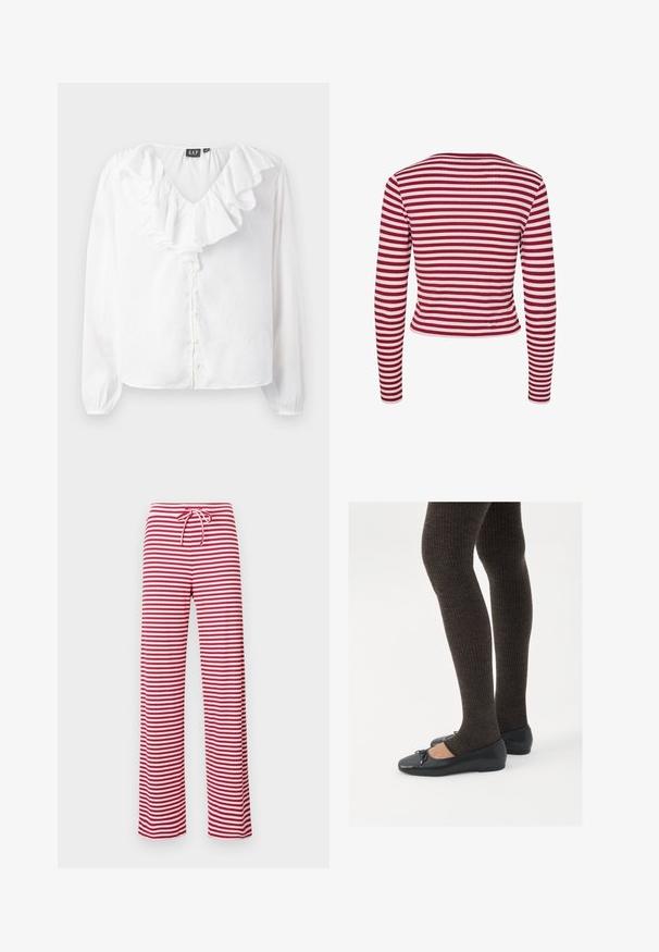Pieces PCLAYA - Strickjacke - goji berry; Weiße Bluse mit V-Ausschnitt, gerafftem Kragen, langen Ärmeln und durchgehender Knopfleiste. Hergestellt aus leichtem Stoff mit leicht strukturierter Oberfläche.; Rote und weiße gestreifte, locker sitzende Hose mit Kordelzug und geriffelter Textur. Das gerade Beinendes Design reicht bis zur Knöchellänge.; Schwarze flache Schuhe mit einem kleinen Schleifendetail an der Zehe, kombiniert mit dunkelbraunen gerippten Strumpfhosen. Die Schuhe haben eine glatte Textur und ein niedriges Profil.