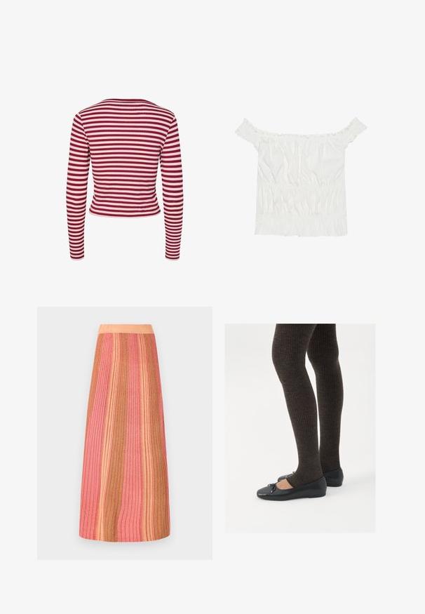 Pieces PCLAYA - Kofta - goji berry; Vit off-shoulder topp med volangdetaljer, samlad textur och elastisk midja. Tillverkad av mjukt bomullstyg.; Stickad midi kjol med vertikala ränder i nyanser av rosa, guld och orange. Ribbad struktur med en mjuk midja för komfort.; Svarta platta skor med en liten rosett vid tån, i kombination med mörkbruna ribbade strumpbyxor. Skorna har en slät yta och låg profil.