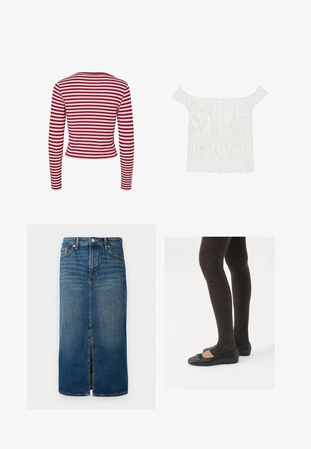 Pieces PCLAYA - Cardigan - goji berry; Top bianco senza spalline con dettagli arricciati, texture plissettata e vita elasticizzata. Realizzato in morbido cotone.; Gonna midi in denim blu scuro con uno spacco frontale, cinque tasche e cuciture a contrasto. Presenta una chiusura con bottone e zip in vita.; Scarpe nere a flat con un piccolo fiocco sulla punta, abbinate a collant a coste marrone scuro. Le scarpe hanno una texture liscia e un profilo basso.