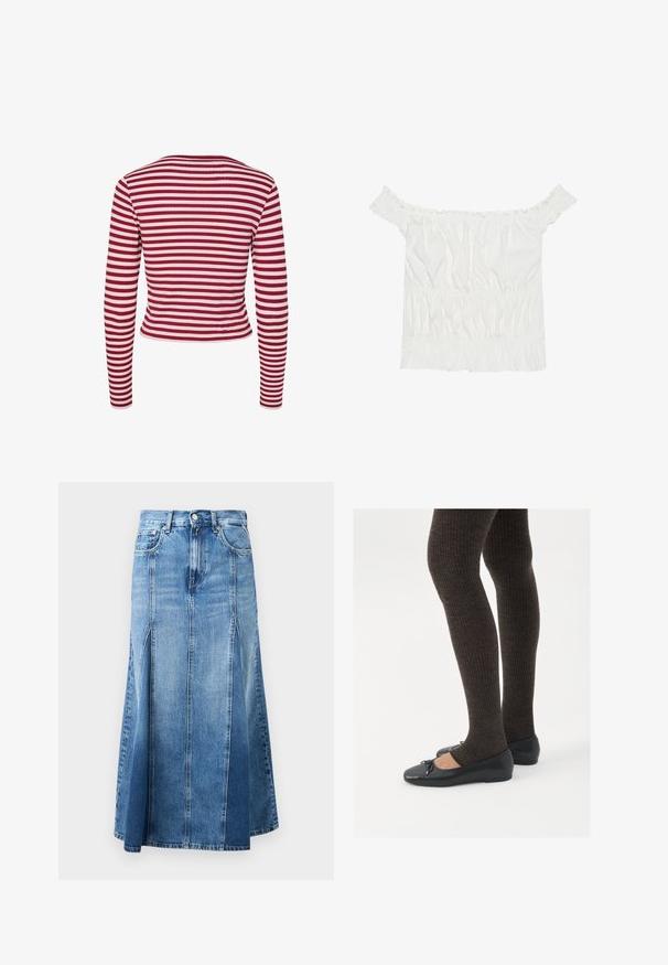 Pieces PCLAYA - Neuletakki - goji berry; Valkoinen olkapään yli ulottuva paita, jossa on röyhelökoristeita, rypytetty pinta ja joustava vyötärö. Valmistettu pehmeästä puuvillakankaasta.; Denim-hame, jossa on vaaleasta tummansiniseksi menevä gradientti, polvipituinen, suora leikkaus, etureiät sekä klassinen nappi- ja vetoketjukiinnitys.; Mustat matalat kengät, joissa on pieni nauha varpaissa, yhdistettynä tummanruskeisiin ribattuisiin sukkahousuihin. Kengissä on sileä pinta ja matala profiili.