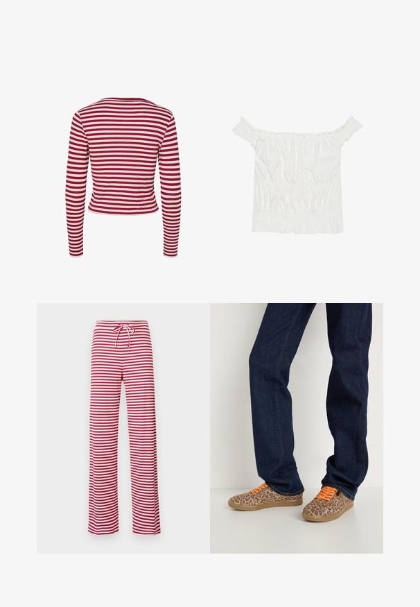 Pieces PCLAYA - Cardigan - goji berry; White off-the-shoulder top with ruffled accents, gathered texture, and an elasticized waistband. Made from soft cotton fabric.; Red and white striped, loose-fit pants with a drawstring waist and ribbed texture. Straight leg design extends to ankle length.; Leopard print sneakers with orange laces, a textured fabric upper, and a light brown rubber sole, paired with dark blue denim jeans.