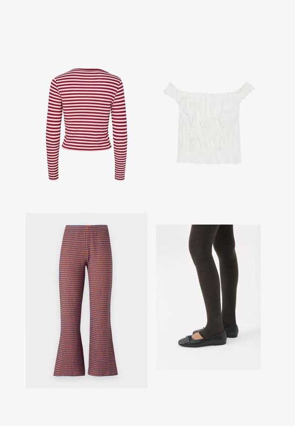 Pieces PCLAYA - Jopica - goji berry; Bela bluzo brez naramnic z nabranimi detajli, nabranim teksturiranjem in elastičnim pasom. Narejena iz mehkega bombažnega blaga.; Mustrasti široke hlače z valovitim vzorcem v oranžni in modri barvi, narejene iz teksturiranega blaga z elastičnim pasom za udobje.; Črne ravne čevlje z majhnim lokom na prstih, v kombinaciji s temno rjavimi rebrastimi nogavicami. Čevlji imajo gladko teksturo in nizko obliko.