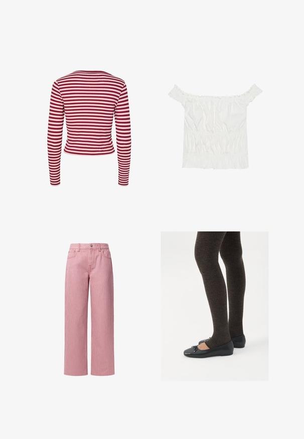 Pieces PCLAYA - Adīta jaka - goji berry; Balta blūze bez piedurknēm ar viļņainiem akcentiem, grumbainu tekstūru un elastīgu jostasvietu. Izgatavota no maigas kokvilnas auduma.; Sarkani un balti svītraini platējoši bikses ar augsto jostasvietu, priekšējām kabatām, metāla pogu aizdari un jostas cilpām. Izgatavotas no viegla auduma.; Melnas plakano formas kurpes ar mazu loku uz pirksta, apvienotas ar tumši brūnām ribotām zeķubiksēm. Kurpēm ir gluda tekstūra un zems profils.