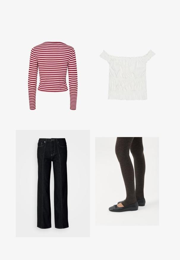 Pieces PCLAYA jagodowy; Biała bluzka bez rękawów z falbaniastymi akcentami, zebranym teksturą i elastycznym paskiem w talii. Wykonana z miękkiej bawełnianej tkaniny.; Czarne dżinsy o szerokich nogawkach, z widocznymi szwami, zapięciem na guzik i dwiema przednimi kieszeniami. Gładka tekstura z prostym krojem.; Czarne płaskie buty z małym kokardkowym detalem na palcach, zestawione z ciemnobrązowymi rajstopami w prążki. Buty mają gładką teksturę i niski profil.