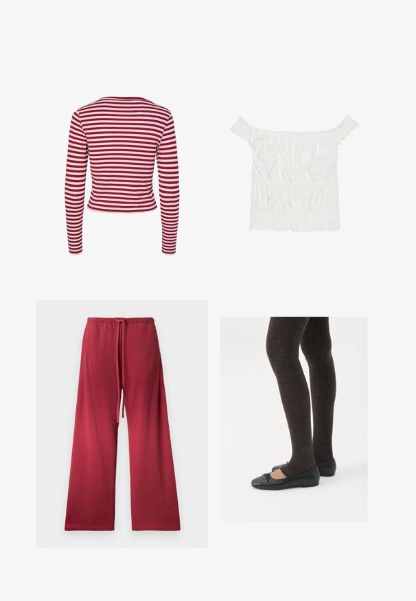 Pieces PCLAYA - Chaqueta de punto - goji berry; Top blanco sin mangas con detalles de volantes, textura fruncida y cintura elástica. Fabricado en suave tejido de algodón.; Pantalones anchos rojos de tela suave, con una cinturilla elástica y cordón, y bolsillos laterales para mayor comodidad.; Zapatos planos negros con un pequeño lazo en la punta, combinados con medias de punto en marrón oscuro. Los zapatos tienen una textura suave y un perfil bajo.