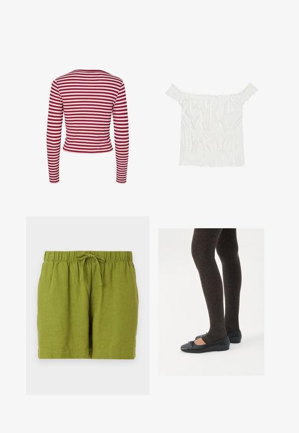 Pieces PCLAYA - Gilet - goji berry; Haut blanc à épaules dénudées avec des accents volantés, une texture froncée et une taille élastique. Fabriqué en doux coton.; Shorts en lin verts avec une taille élastique et un cordon de serrage ajustable, présentant une coupe décontractée et un ourlet droit.; Chaussures plates noires avec un petit nœud au niveau des orteils, associées à des collants côtelés marron foncé. Les chaussures ont une texture lisse et un profil bas.