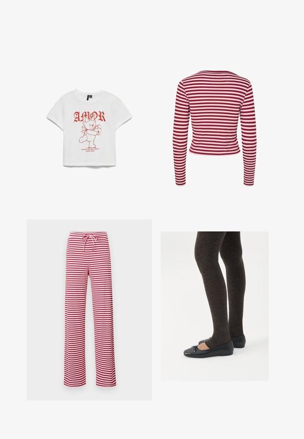 Pieces PCLAYA - Cardigan - goji berry; Hvid kortærmet t-shirt med rød grafisk tekst "AMOR" og en bamse, der holder et lås. Fremstillet i bomuldsstof, afslappet pasform, cropped design.; Rød- og hvidstribede, løstsiddende bukser med snor i taljen og ribbet struktur. Lige ben, der går ned til ankellængde.; Sorte flade sko med en lille sløjfedetalje ved tåen, parret med mørkebrune ribbede strømpebukser. Skoene har en glat overflade og lav profil.