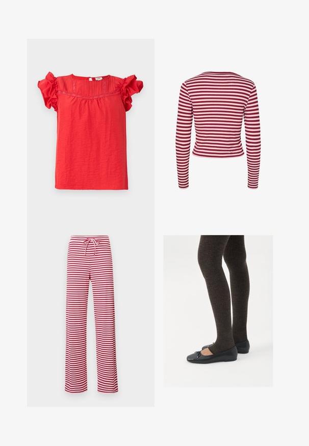 Pieces PCLAYA - Gilet - goji berry; Haut à manches courtes rouge fabriqué dans un tissu léger, avec des manches volantées, un panneau avant texturé et une fermeture en trou de serrure au dos.; Pantalons amples à rayures rouges et blanches avec une taille à cordon et une texture côtelée. Design à jambe droite allant jusqu'à la cheville.; Chaussures plates noires avec un petit nœud au niveau des orteils, associées à des collants côtelés marron foncé. Les chaussures ont une texture lisse et un profil bas.