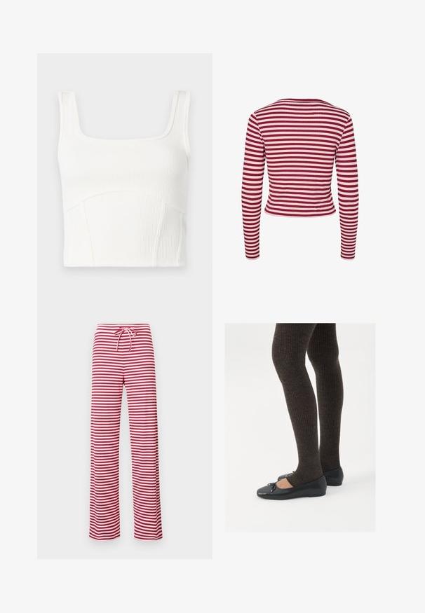 Pieces PCLAYA - Chaqueta de punto - goji berry; Top corto blanco con textura, escote cuadrado, tirantes anchos y detalles en las costuras. Tejido suave con un acabado texturizado.; Pantalones de corte holgado a rayas rojas y blancas con cintura ajustable y textura acanalada. El diseño de pierna recta se extiende hasta el tobillo.; Zapatos planos negros con un pequeño lazo en la punta, combinados con medias de punto en marrón oscuro. Los zapatos tienen una textura suave y un perfil bajo.