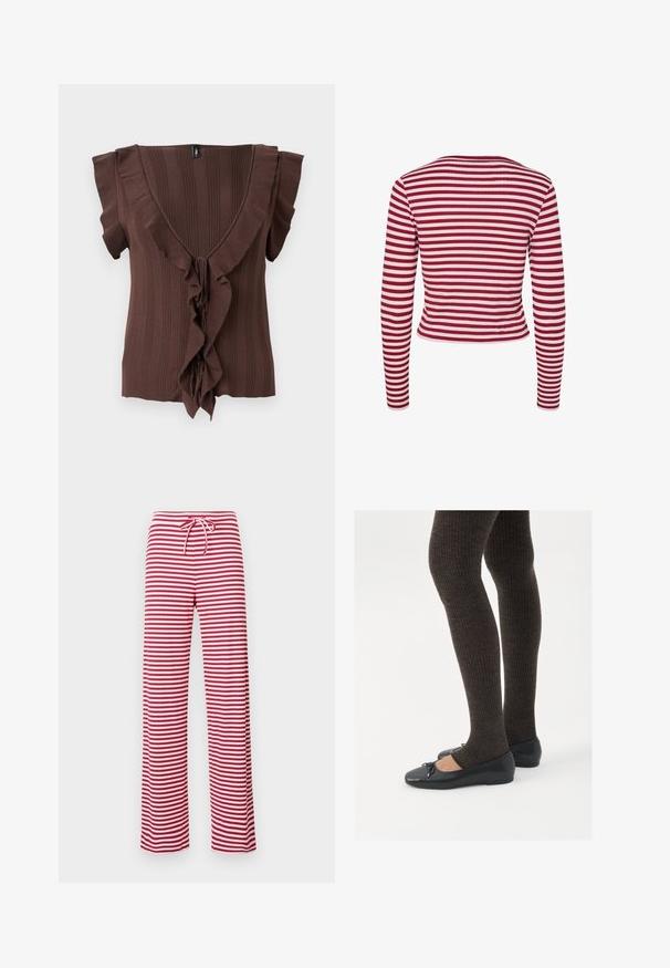 Pieces PCLAYA - Neuletakki - goji berry; Ruskea neulottu toppi, jossa on syvä V-pääntie, lyhyet hihat ja pystysuora ribbikuvio, jota korostaa laskostettu reunus edessä.; Punahat ja valkoiset raidalliset, löysäfit -housut, joissa on naru vyötäröllä ja ribbikuvio. Suora lahje ulottuu nilkkoihin saakka.; Mustat matalat kengät, joissa on pieni nauha varpaissa, yhdistettynä tummanruskeisiin ribattuisiin sukkahousuihin. Kengissä on sileä pinta ja matala profiili.
