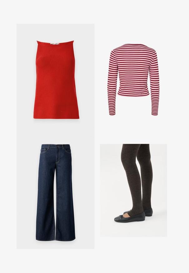 Pieces PCLAYA - Cardigan - goji berry; Rød ribbet tanktop med lige halsudskæring og tætsiddende silhuet, lavet af glat stof. Ingen synlige lukninger eller mønstre.; Bredde ben jeans i mørkeblå denim. Har kontrastsyninger, fem lommer og en knaplukning i taljen. Glat tekstur.; Sorte flade sko med en lille sløjfedetalje ved tåen, parret med mørkebrune ribbede strømpebukser. Skoene har en glat overflade og lav profil.