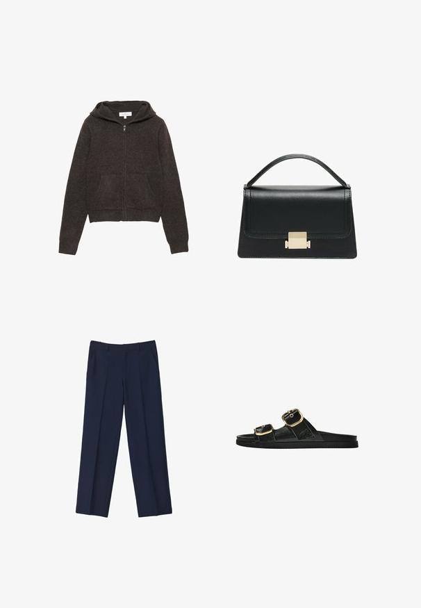 Smeđa zip-up dukserica s mekim teksturom, dugim rukavima, prostranom kapuljačom i dva prednja džepa. Jednostavan, klasični dizajn.; Bijela pamučna majica kratkih rukava s okruglim izrezom. Jednostavan dizajn, slobodan kroj, glatka tekstura. Nema vidljivih uzoraka ili akcenta.; Tamno plave krojene hlače ravnog kroja, s prednjim naglascima i bočnim džepovima. Tkanina izgleda glatko i strukturirano.; Crne sandale na klizanje s dva zlatna akcenta u obliku kopči, glatkog teksturiranog materijala, ravnim potplatom i minimalističkim dizajnom.; Crna kožna torba s strukturiranim dizajnom, gornjom drškom i zlatnim metalnim kopčanjem na prednjoj strani. Glatka tekstura, minimalno šivanje.