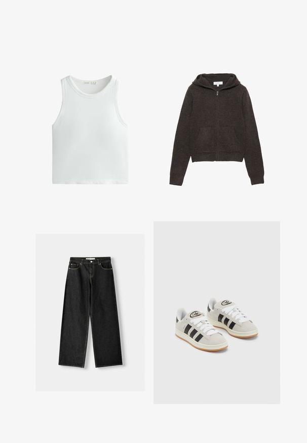 Hanorac zip cu textura moale, de culoare maro, cu mâneci lungi, o glugă spațioasă și două buzunare frontale. Design simplu, clasic.; Top alb cu dungi, cu bretele late și guler rotund. Fabricat dintr-un material moale și elastic pentru confort și potrivire.; Blugi largi din denim negru, cu cinci buzunare, închidere cu buton metalic și fermoar, și cusături galbene contrastante de-a lungul cusăturilor.; Adidași din suede gri cu șireți albi, dungi negre și talpă din cauciuc alb. Prezintă un logo circular pe limbă și o talpă din cauciuc.