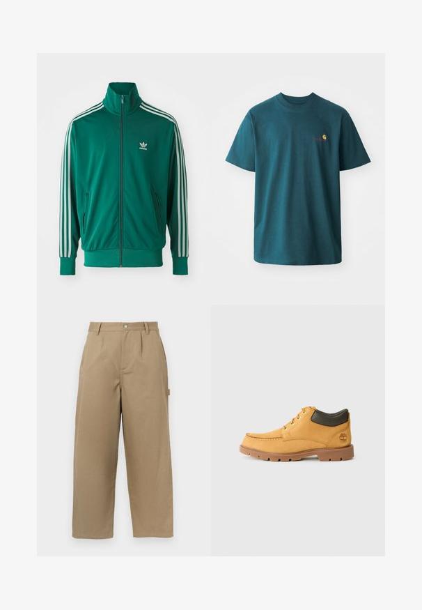 Giacca verde con zip realizzata in tessuto liscio, dotata di colletto alto, due tasche laterali e tre strisce bianche lungo ciascun manica.; T-shirt in cotone teal con maniche corte, collo rotondo e un piccolo logo ricamato in giallo e rosso sul petto sinistro.; Pantaloni larghi beige in misto cotone, con vita alta, pieghe frontali e due tasche laterali con chiusura a bottone.; Scarpa in pelle gialla con suola in gomma marrone, punta rotonda e dettaglio in pelle verde alla caviglia. Presenta occhielli dorati e dettagli di cucitura.