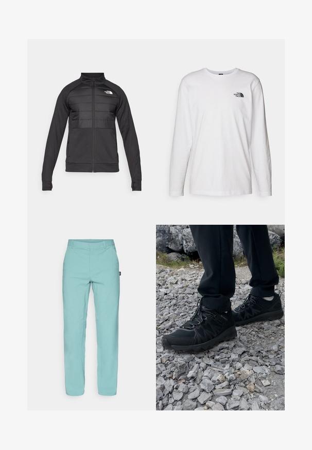 Black jacket featuring a zippered front, padded upper chest and shoulders, long sleeves, and a standing collar. Logo on the upper left side.; White long-sleeve T-shirt made of cotton with a crew neck. Features a small black logo on the chest. Smooth texture, regular fit.; Light blue trousers made of lightweight fabric, featuring a straight leg design, flat front, and a small brand tag on the side.; Black outdoor shoes with mesh and synthetic material, featuring a textured upper, secured lacing system, and a rugged outsole, on rocky terrain.