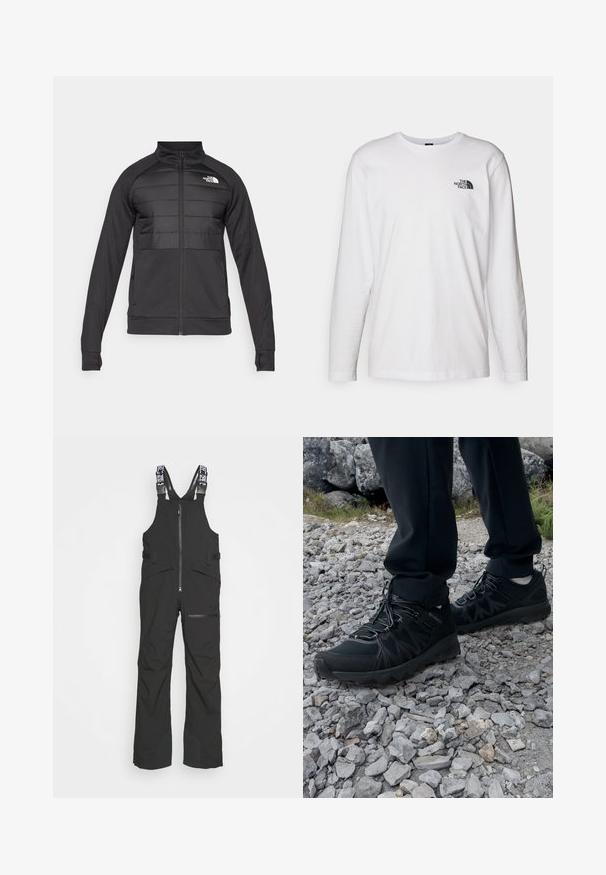 Schwarze Jacke mit einem Reißverschluss vorne, gepolstertem oberen Brust- und Schulterbereich, langen Ärmeln und einem Stehkragen. Logo auf der oberen linken Seite.; Weißes langärmliges T-Shirt aus Baumwolle mit Rundhalsausschnitt. Verfügt über ein kleines schwarzes Logo auf der Brust. Glatte Textur, reguläre Passform.; Schwarze wasserdichte Latzhosen mit verstellbaren Trägern, einem Frontreißverschluss und mehreren Taschen sowie verstärkten Beinteilen für Langlebigkeit.; Schwarze Outdoor-Schuhe aus Mesh und synthetischem Material, mit einer strukturierten Oberseite, gesichertem Schnürsystem und griffiger Laufsohle, auf felsigem Gelände.