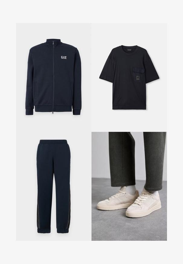 Sweatshirt zippé bleu marine avec un col montant, deux poches avant, des poignets côtelés et un logo EA7 blanc sur la poitrine. Texture de tissu lisse.; T-shirt noir à manches courtes et col rond avec une poche à rabat sur la gauche de la poitrine, arborant un petit écusson rectangulaire.; Pantalons de survêtement bleu marine avec une texture douce, des poignets fuselés et des panneaux latéraux en maille. Ceinture élastique pour un confort et un ajustement décontracté.; Baskets beiges en suède et mesh, avec des accents perforés, des lacets plats et une semelle épaisse. Portées avec un pantalon en velours côtelé vert.