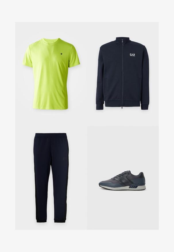 Mornarska zip-up majica s visokim ovratnikom, dvema sprednjima žepoma, rebrastimi manšetami in belim EA7 logotipom na prsih. Gladka tekstura tkanine.; Svetlo limetno zelena kratkotrajna športna majica s črnim logotipom na levem prsnem delu, prikazana proti beli barvni ozadju.; Morski jogger hlače z elastičnim pasom, ožjimi manšeti in črnimi stranskimi črtami z diskretno logotipno podrobnostjo. Mehka, lahka tkanina.; Moški atletski čevlji v temno modri barvi z mrežastim in sintetičnim zgornjim delom. Imajo vezalni dizajn, oblazinjen ovratnik in gumeni podplat z teksturiranim oprijemom.