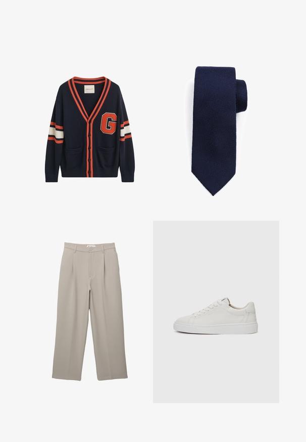 Marineblauer Cardigan aus Strickstoff, mit orange-weißen Streifen an den Ärmeln, einem großen "G"-Aufnäher und zwei Fronttaschen.; Hellblaues Hemd aus glattem Baumwollstoff mit langen Ärmeln und spitzem Kragen, kombiniert mit dunkelgrauen, maßgeschneiderten Hosen.; PULL&BEAR DARTED - Stoffhose - taupe; Weiße Leder-Sneaker im Low-Top-Stil mit runder Zehenform, flacher weißer Gummisohle und minimalistischen Steppnähten. Schnürsenkel sind durch sechs Ösen gesichert.; Marineblaue Krawatte mit einer strukturierten, gewebten Oberfläche und einer zuspitzenden Endform. Das Material wirkt weich, aber langlebig und eignet sich für formelle Anlässe.