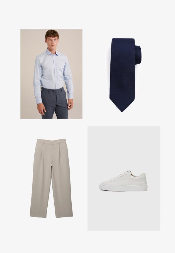 Marine blauwe cardigan van gebreide stof, met oranje en witte strepen op de mouwen, een groot "G"-patch en twee voorzakken.; Lichtblauw button-up shirt van gladde katoen met lange mouwen en een puntige kraag, gecombineerd met donkergrijze op maat gemaakte broek.; PULL&BEAR DARTED - Broek - taupe; Witte leren lage sneakers met een ronde neus, platte witte rubberen zool en minimalistische stikseldetails. Veters vastgemaakt via zes oogjes.; Marineblauwe stropdas met een gestructureerde, geweven afwerking en een taps toelopende punt. Het materiaal lijkt zacht maar toch duurzaam, geschikt voor formele gelegenheden.