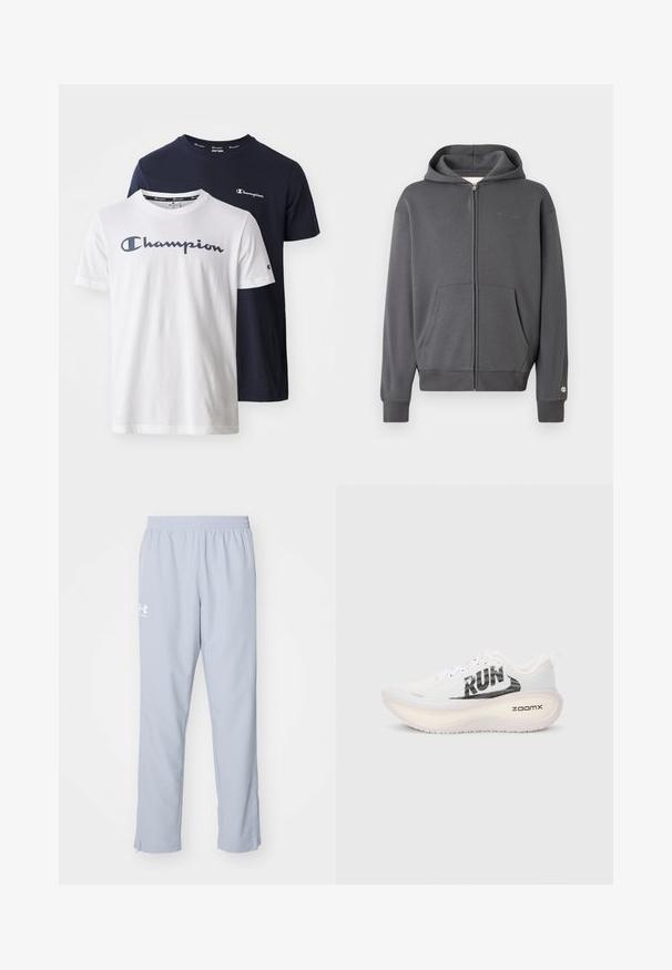 Gray zip-up hooded sweatshirt with a front pocket and ribbed cuffs. Features a small logo on the left chest area. Soft fabric texture.; Two short-sleeve t-shirts, one white with navy logo and one navy with white logo, made of cotton with crew neck and regular fit.; Light blue athletic pants with an elastic waistband, side pockets, and ankle zippers. Features a white logo on the left thigh.; White running shoes with a lightweight mesh upper, large "RUN" text in black, a thick, cushioned sole marked "zoomx," and a sleek design.