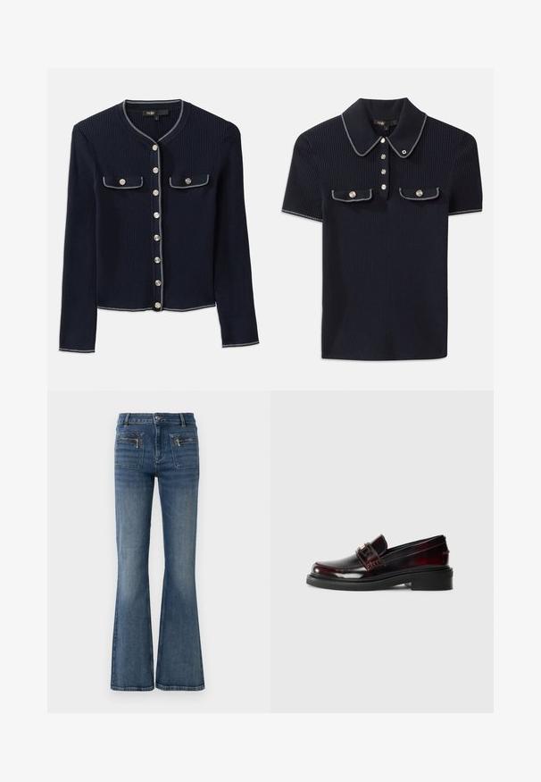 Jūras spēku krāsas rievota kardigāna ar garām piedurknēm, apaļu kakla izgriezumu, sudraba pogu aizdari un divām krūšu kabatām, ko ieskauj baltās šuvju līnijas.; Jūras spēku ribots polo krekls ar norādītu apkakli, īsām piedurknēm un divām priekšējām kabatām ar pogām; uzsvērts ar baltām šuvēm.; Izliekta zila džinsa bikses ar vidēju jostasvietu, ar priekšējām un aizmugurējām kabatām un vieglu izbalējušu toņu.; Ādas loafers tumši bordo krāsā ar spīdošu apdari. Iezīmēts ar šūtu augšdaļu, priekšējo siksniņu un platu gumijas zoli.