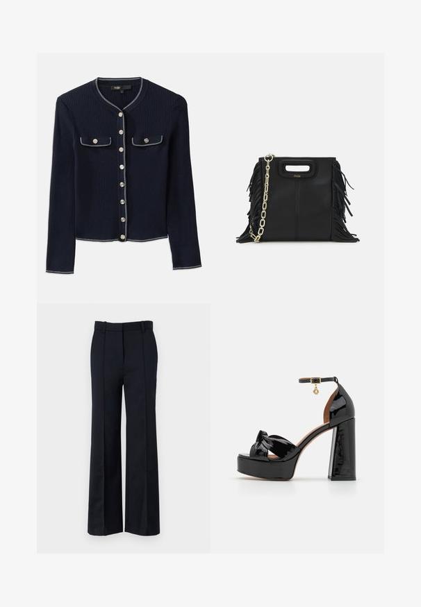 Tumes ribadega kardigan pikkade varrukatega, ümmargune kaelus, hõbedased nööbid ja kaks rinna(taskut), mis on valge õmblusega ääristatud.; Tumes ribade polo-särk, millel on terav krae, lühikesed varrukad ja kaks esist taskut klõpsnuppudega; kaunistatud valgete õmbluse aktsentidega.; Mustad laiad püksid, millel on kohandatud lõige, sile kangas, küljetaskud ja lame esitükk koos vöörihmadega.; Maje Kõrge kontsaga sandaalid - noir; Musta nahk käekott, millel on frantsiisid, kuldne ahelsanga ja lõigatud käepide. Esiosas on logot.