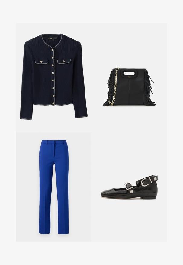 Sötétkék bordázott kardigán hosszú ujjakkal, kerek nyakkivágással, ezüst gombos zárással, és két mellzsebbel, amelyeket fehér öltések kereteznek.; Sötétkék bordázott póló, hegyes gallérral, rövid ujjakkal és két elülső zsebbel, amelyek patentgombokkal záródnak; fehér varrási díszítésekkel kiemelve.; Kék, szabott nadrág, egyenes szárú dizájnnal, tiszta textúrával, övhurkokkal és elöl gyűrt vonallal, formális vagy elegáns alkalmi viselethez egyaránt megfelelő.; Fekete lakkbőr lapos cipő négyzet alakú orral, ezüst hardware-rel ellátott bokapánttal és lapos talppal. Simaságával és minimalista dizájnjával kiemelkedő.; Fekete bőr kézitáska, frufrus részletekkel, arany láncos vállpánttal és kivágott fogantyúval. Az elülső részen logó található.