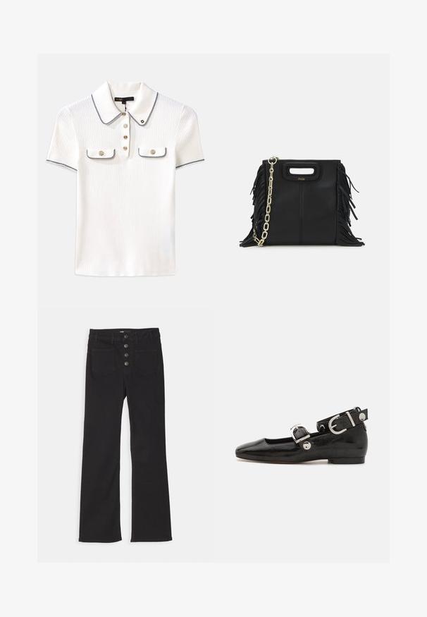 Marineblaue gerippte Strickjacke mit langen Ärmeln, rundem Halsausschnitt, silberner Knopfverschlüsse und zwei Brusttaschen, die mit weißen Nähten umrandet sind.; Weißes, geripptes Poloshirt mit Kragen, versehen mit marineblauen Akzenten, goldenen Knöpfen und zwei kleinen Klappentaschen auf der Vorderseite.; Schwarze, ausgestellt geschnittene Jeans aus Denim mit hoher Taille, fünf Taschen und einem frontalen Knopfverschluss mit vier Metallknöpfen.; Schwarze Lackleder-Ballerina mit eckiger Zehenpartie, Knöchelriemen mit silberner Hardware und flacher Sohle. Glatte Textur mit minimalistischen Design.; Schwarze Lederhandtasche mit Fransen-Details, goldener Ketten-Schulterriemen und einem ausgeschnittenen Griff. Mit Logoplatzierung auf der Vorderseite.