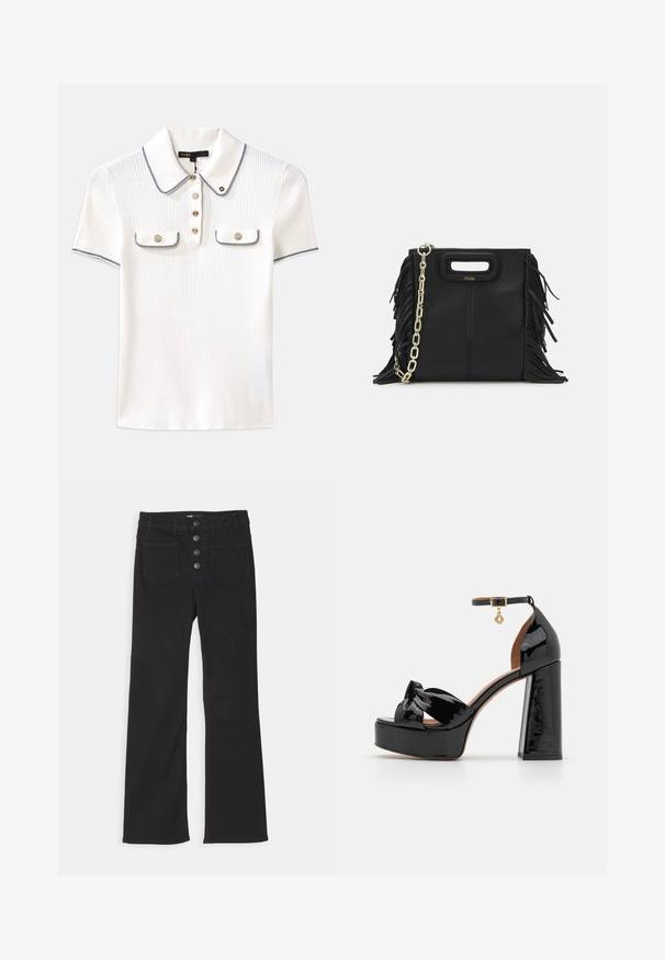 Marineblaue gerippte Strickjacke mit langen Ärmeln, rundem Halsausschnitt, silberner Knopfverschlüsse und zwei Brusttaschen, die mit weißen Nähten umrandet sind.; Weißes, geripptes Poloshirt mit Kragen, versehen mit marineblauen Akzenten, goldenen Knöpfen und zwei kleinen Klappentaschen auf der Vorderseite.; Schwarze, ausgestellt geschnittene Jeans aus Denim mit hoher Taille, fünf Taschen und einem frontalen Knopfverschluss mit vier Metallknöpfen.; Maje High Heel Sandalette - noir; Schwarze Lederhandtasche mit Fransen-Details, goldener Ketten-Schulterriemen und einem ausgeschnittenen Griff. Mit Logoplatzierung auf der Vorderseite.