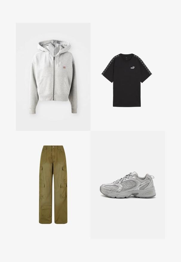 Sivi dukserica na zip sa prednjim džepom, podesivom kapuljačom, rebrastim manžetama i malim logotipom na grudima. Materijal od mešavine pamuka.; Crna kratka majica s kratkim rukavima od pamuka. Ima bijeli Puma logo na prsima i uzorke na ramenima. Standardni kroj i okrugli izrez.; Maslinasto zelene cargo hlače napravljene od izdržljivog materijala; imaju široke nogavice, više bočnih džepova i prednje dugme za zatvaranje.; Srebrna atletska cipela s elegantnim dizajnom, mrežastim panelima, podstavljenim jezikom, teksturiranom sintetičkom gornjom stranom i gumenim potplatom za prianjanje.