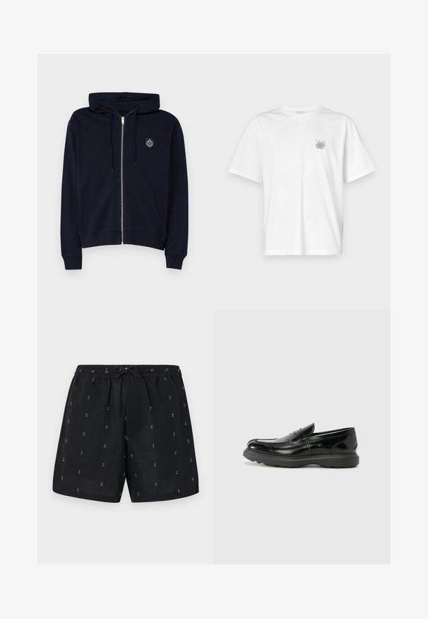 Navy blue zip-up hoodie made of soft fabric, featuring a front pocket, drawstring hood, and an embroidered logo on the upper left chest.; White t-shirt made of cotton featuring short sleeves, a crew neck, and a small gray logo on the left chest area. Smooth texture.; Black linen shorts with an elastic waistband and drawstring. Features small white geometric patterns throughout the fabric.; Black leather loafer with a glossy finish, rounded toe, subtle stitching details, and a thick rubber sole for durability.