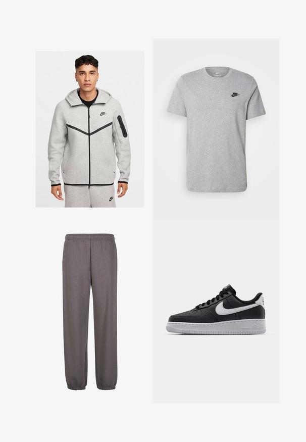 Grå hettegenser med glidelås og svarte detaljer, med kengurulomme, justerbar hette og Nike-logo på brystet og ermet. Glatt tekstur.; Grå t-skjorte med kort erme laget av bomull, med en svart Nike-logo på brystet og rund halslinning. Minimalistisk design uten mønstre.; Grå joggebukser laget av mykt stoff, med elastisk midje, sidelommer og elastiske mansjetter ved anklene for en avslappet passform.; Svart lær sneakers med teksturert overflate, hvit Nike swoosh, grå såle, rund tå og snøredesign. Har perforeringer på tåboksen.