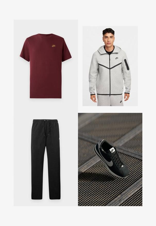 Sweatshirt cinzenta com fecho éclair e detalhes pretos, apresentando um bolso tipo canguru, capuz ajustável e o logótipo da Nike no peito e na manga. Textura suave.; T-shirt Nike de manga curta na cor bordo com o logótipo dourado da Nike no lado esquerdo do peito, design simples com decote redondo, apresentado sobre um fundo branco.; Calças de fato de treino pretas feitas de polar, com uma cintura elástica e cordões, dois bolsos frontais e um pequeno logótipo na coxa.; Sapatilha Nike preta com accents cinzentos, materiais em camurça e rede, sola texturizada, formato estreito e design clássico de atacadores.