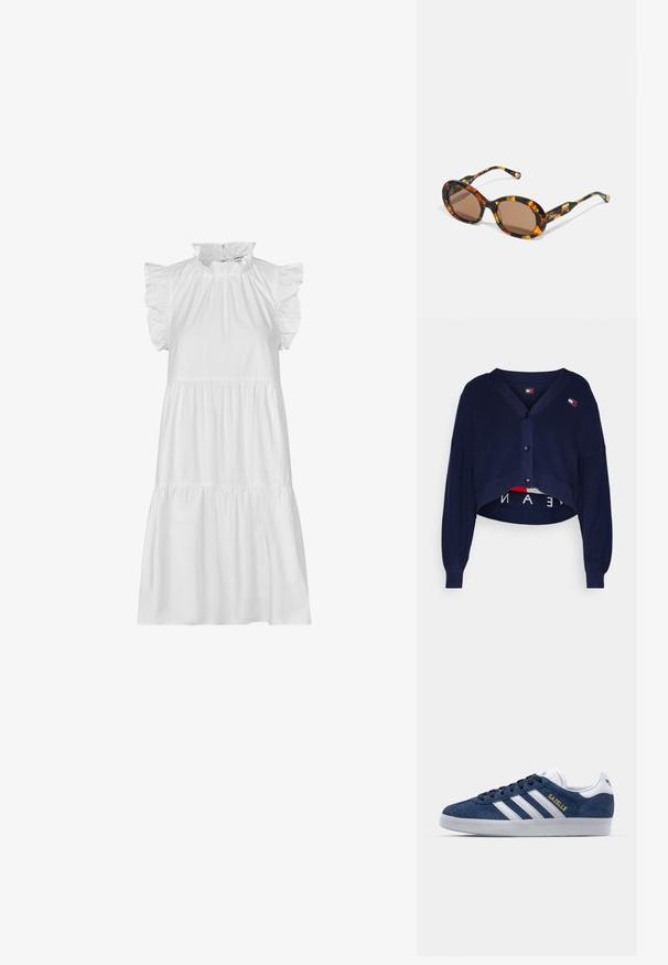 Tommy Jeans FLAG BADGE CARDIGAN - Kardigán - dark night navy; Modström IZAKMD - Koktélruha / Partiruha - soft white; Tengerész kék velúr sportcipők fehér bőr részletekkel, három fehér csíkkal és arany "Gazelle" logóval. Kerek gumitalp, alacsony fazon.; CHLOÉ Napszemüvegek - havana