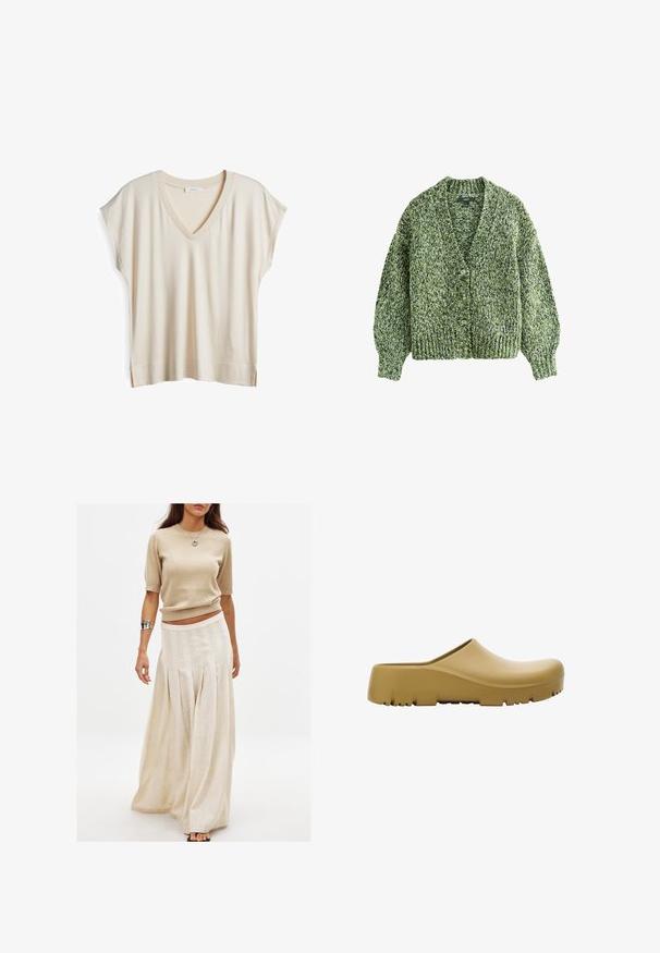 Grüne gestrickte Strickjacke mit tiefem V-Ausschnitt, großen Knöpfen und ballonförmigen Ärmeln. Die Textur ist dick und gemütlich mit einem gemusterten Garn.; V-Ausschnitt, kurzärmeliges Oberteil aus leicht beigem Stoff. Mit geripptem Halsausschnitt und Seitenschlitzen am Saum für mehr Bewegungsfreiheit. Weiche Textur.; Beige gestricktes Kurzarmoberteil, kombiniert mit einem langen, fließenden cremefarbenen Rock mit vertikalen Falten und einer glatten Textur.; Gelber Gummischuh mit glatter Oberfläche, offenem Rücken und einer dicken, strukturierten Sohle mit horizontalen Rillen. Entwickelt für Komfort und Langlebigkeit.