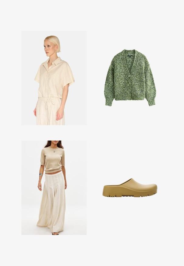 Groene gebreide cardigan met een diepe V-hals, grote knopen en poffende mouwen. De textuur is dik en comfortabel met een gemengd garenpatroon.; Lichtbeige shirt met korte mouwen, voorzien van een kraag en een borstzak. Gemaakt van een textuurstof met een ontspannen pasvorm.; Beige gebreid top met korte mouwen in combinatie met een lange, vloeiende crèmekleurige rok met verticale plooien en een gladde textuur.; Geel rubberen klompen met een glad oppervlak, open achterkant en een dikke, gestructureerde zool met horizontale groeven. Ontworpen voor comfort en duurzaamheid.
