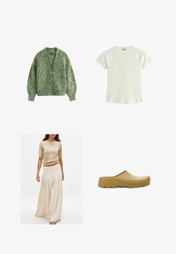 Groene gebreide cardigan met een diepe V-hals, grote knopen en poffende mouwen. De textuur is dik en comfortabel met een gemengd garenpatroon.; Witte geribbelde t-shirt met korte mouwen, ronde halslijn en raglanmouwen. Gelaagd stof met een normale pasvorm. Logo-label op de achterkant van de hals.; Beige gebreid top met korte mouwen in combinatie met een lange, vloeiende crèmekleurige rok met verticale plooien en een gladde textuur.; Geel rubberen klompen met een glad oppervlak, open achterkant en een dikke, gestructureerde zool met horizontale groeven. Ontworpen voor comfort en duurzaamheid.